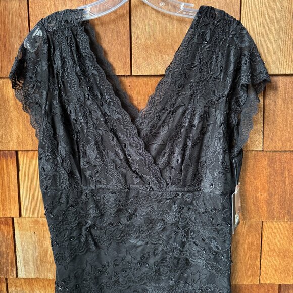 NWT Marina Black Tiered V-Neck Lace Beaded Occasion Cocktail Dress - 16 Petite - Picture 4 of 14